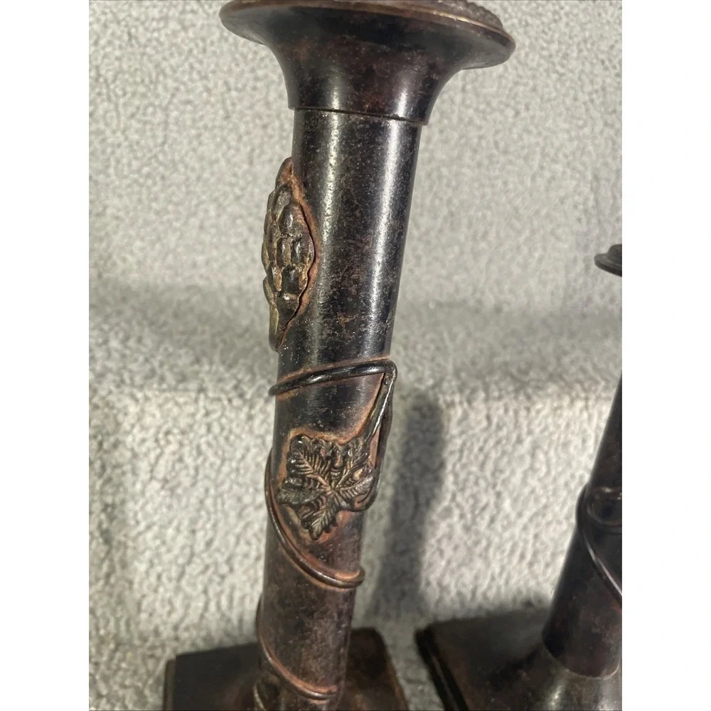 vintage Traditional Italian Bronze Grapevine Mantle Candlestick Holders - a Pair